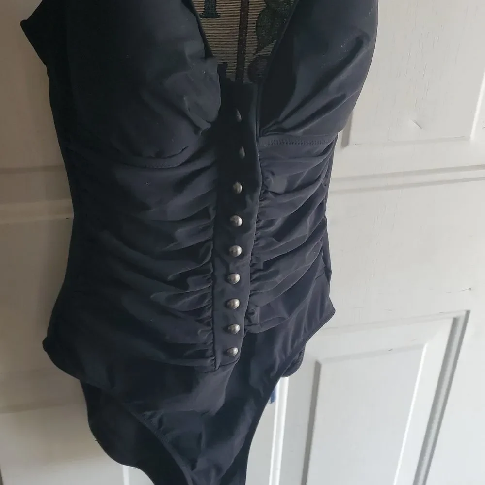 Profile Black Plunge One-Piece Swimsuit with Button Detail